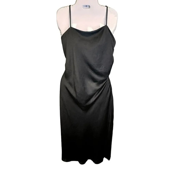 Jolie Black Satin Midi Slip Dress Side Ruching Spaghetti Straps Women’s 14 - Picture 1 of 9